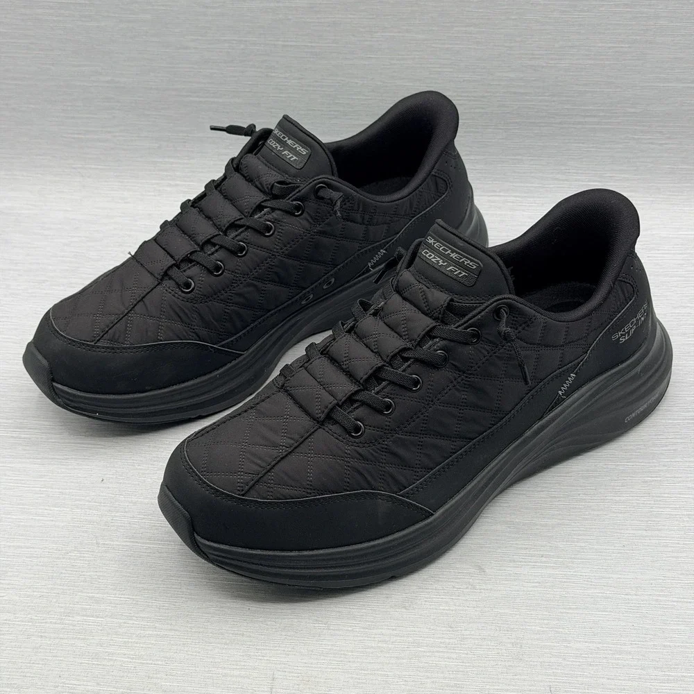 Skechers Cozy Fit Men's 11 Wide 2E Slip Ins Shoes Black Quilted No Tie Walking